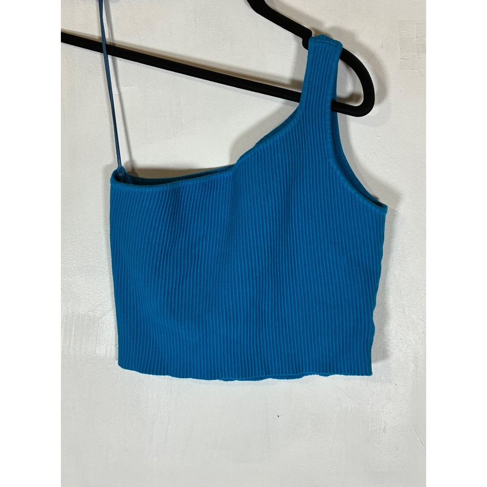 Y2K House of Harlow 1960 Medium Blue Ribbed One Shoulder Crop Top Stretch Party